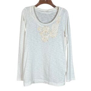 J. Crew Ivory Slub Knit Cotton With Floral Ribbon Detail Long Sleeve T-Shirt M